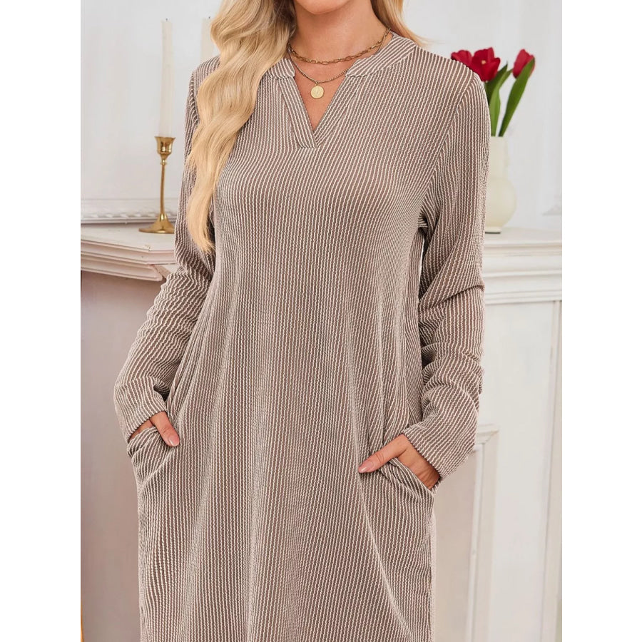 Casual Ribbed Knit Long Sleeve Dress Khaki / S Apparel and Accessories