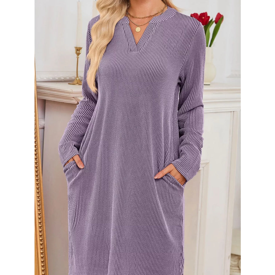 Casual Ribbed Knit Long Sleeve Dress Lavender / S Apparel and Accessories