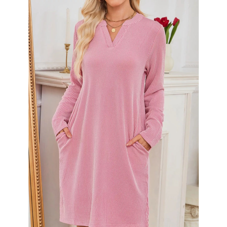 Casual Ribbed Knit Long Sleeve Dress Pink / S Apparel and Accessories
