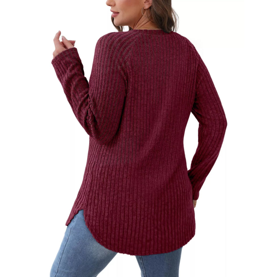 Casual Ribbed Knit Long Sleeve T-Shirt Apparel and Accessories