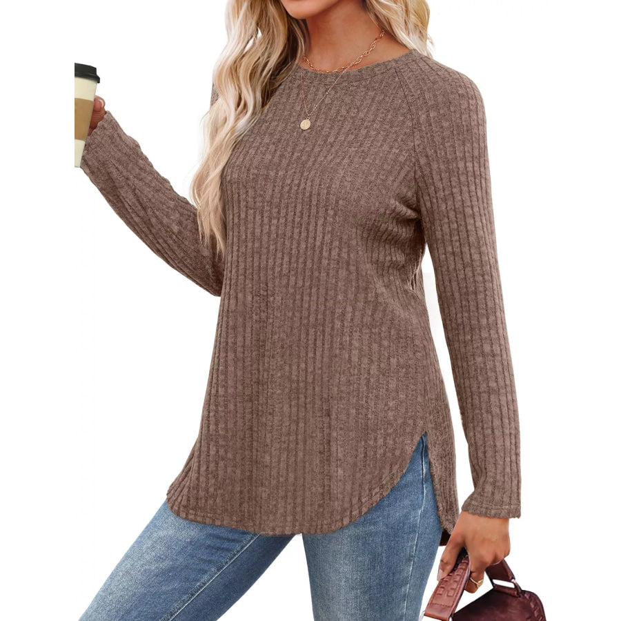 Casual Ribbed Knit Long Sleeve T-Shirt Apparel and Accessories