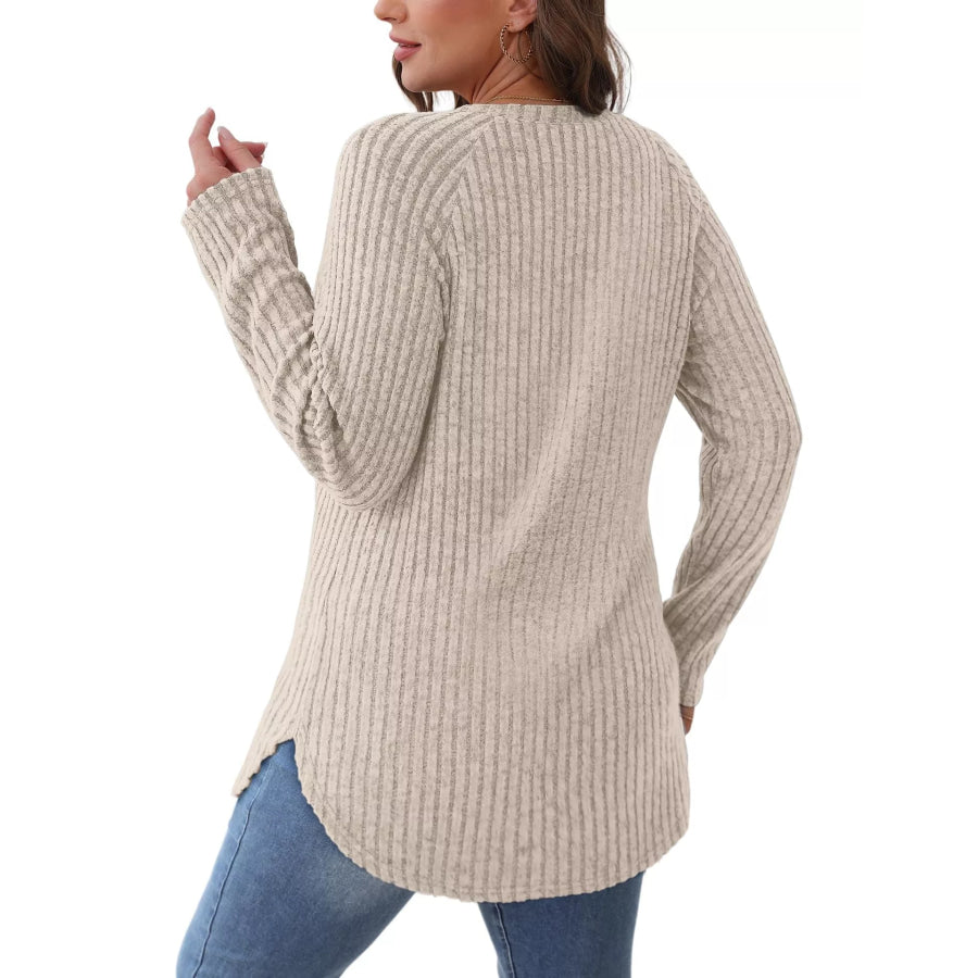 Casual Ribbed Knit Long Sleeve T-Shirt Apparel and Accessories