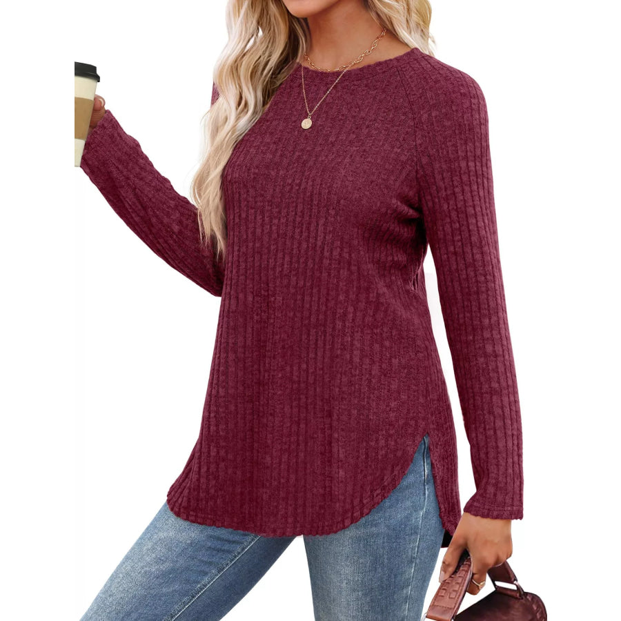 Casual Ribbed Knit Long Sleeve T-Shirt Apparel and Accessories