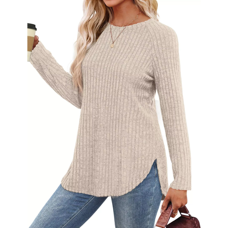 Casual Ribbed Knit Long Sleeve T-Shirt Apparel and Accessories