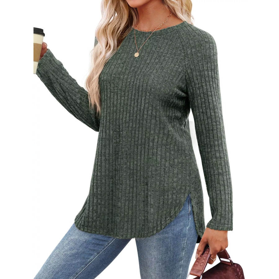 Casual Ribbed Knit Long Sleeve T-Shirt Apparel and Accessories