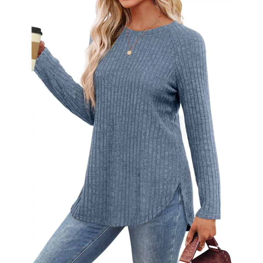 Casual Ribbed Knit Long Sleeve T-Shirt Apparel and Accessories