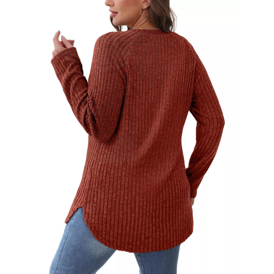 Casual Ribbed Knit Long Sleeve T-Shirt Apparel and Accessories