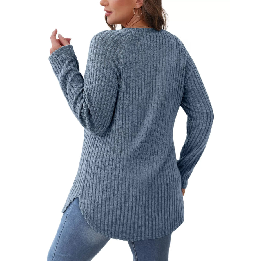 Casual Ribbed Knit Long Sleeve T-Shirt Apparel and Accessories