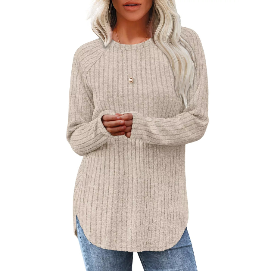 Casual Ribbed Knit Long Sleeve T-Shirt Apricot / S Apparel and Accessories