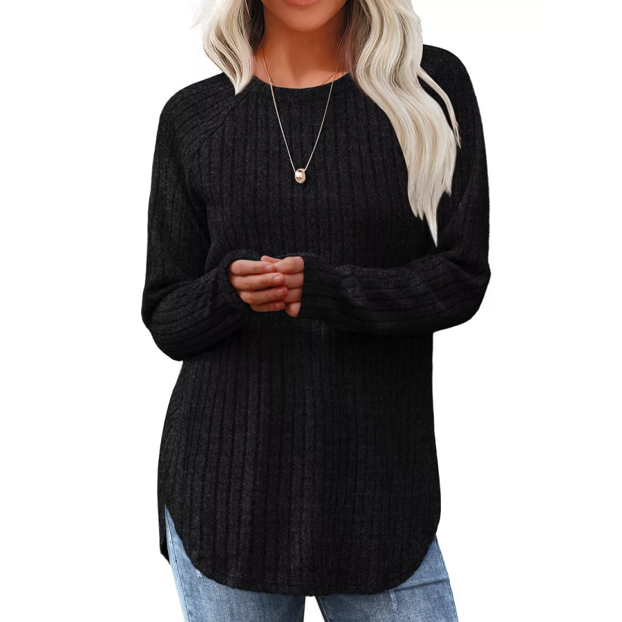 Casual Ribbed Knit Long Sleeve T-Shirt Black / S Apparel and Accessories