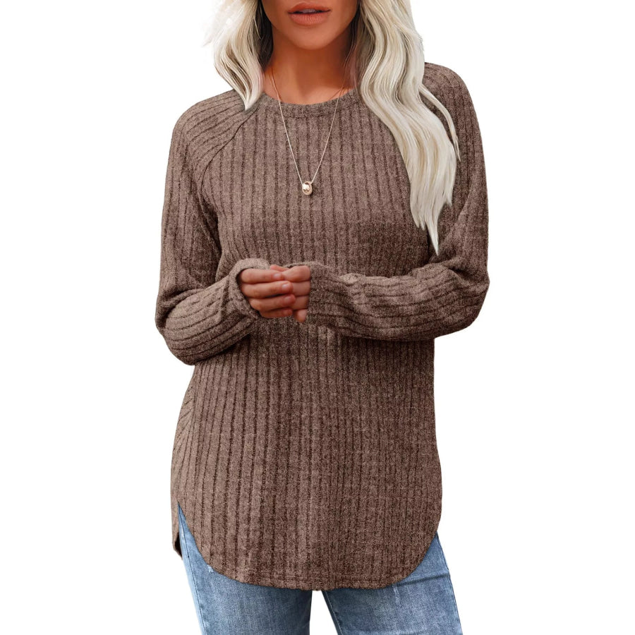 Casual Ribbed Knit Long Sleeve T-Shirt Khaki / S Apparel and Accessories