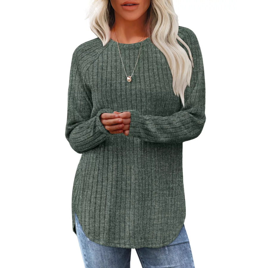 Casual Ribbed Knit Long Sleeve T-Shirt Moss / S Apparel and Accessories