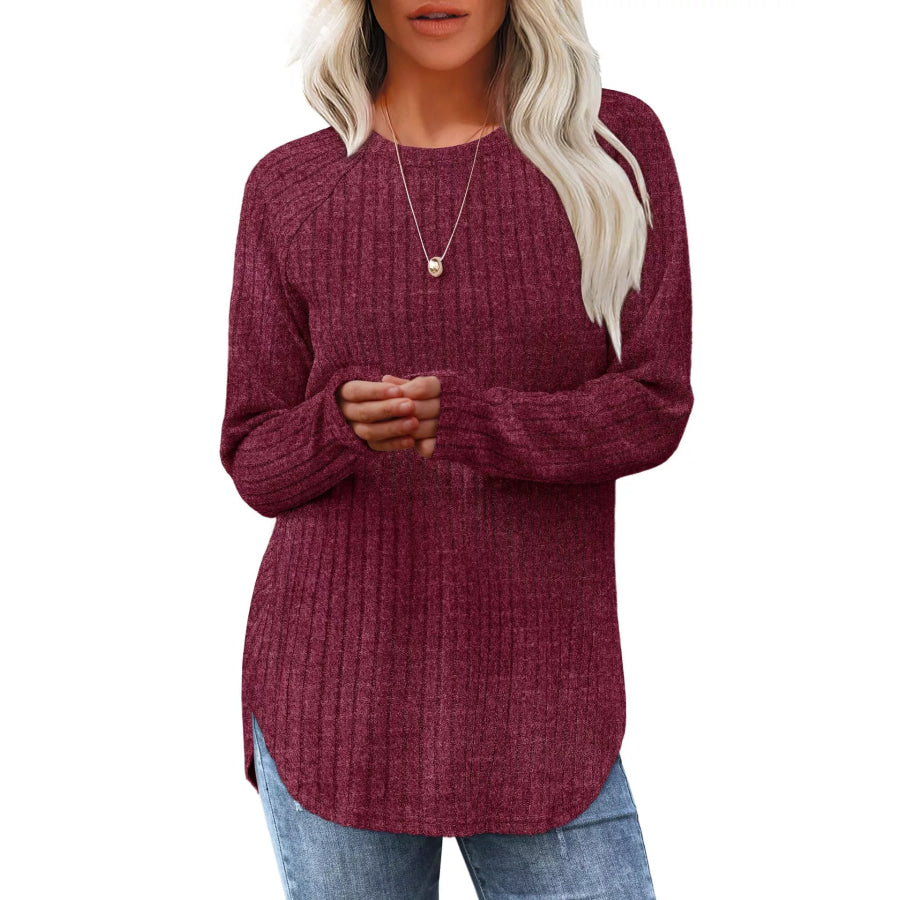 Casual Ribbed Knit Long Sleeve T-Shirt Rust / S Apparel and Accessories