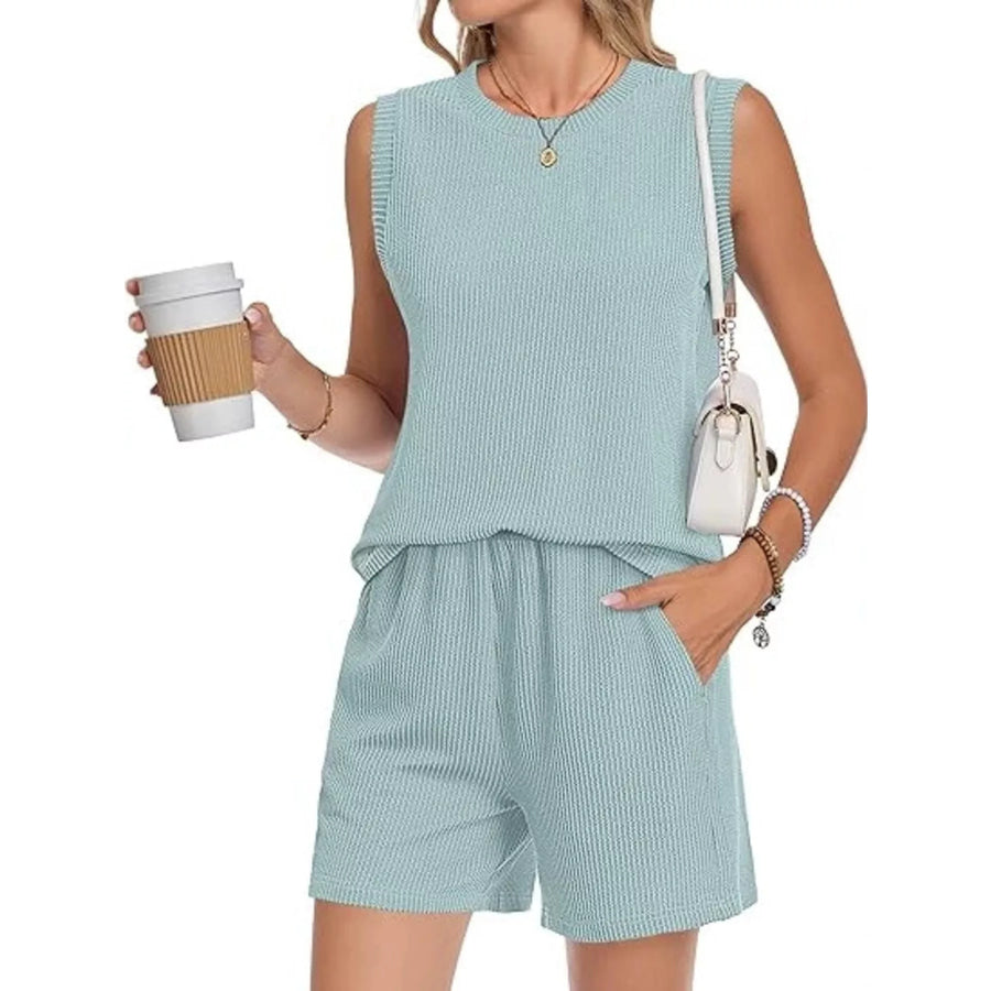 Casual Ribbed Knit Sleeveless Top and Shorts Set Air Force Blue / S Apparel and Accessories