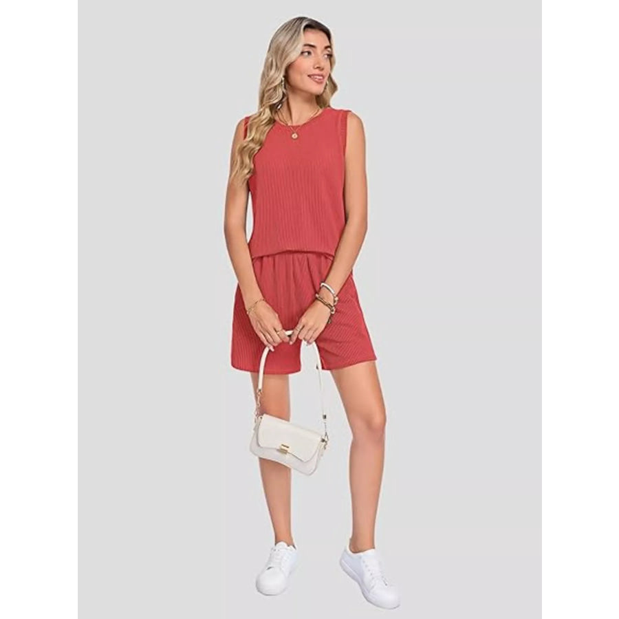 Casual Ribbed Knit Sleeveless Top and Shorts Set Apparel and Accessories