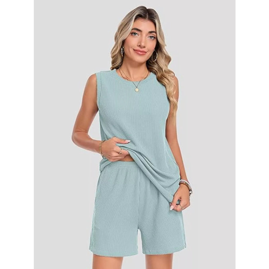 Casual Ribbed Knit Sleeveless Top and Shorts Set Apparel and Accessories