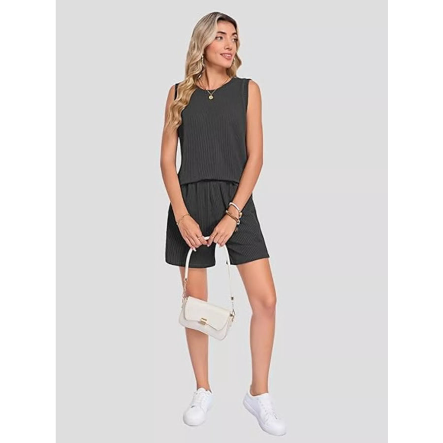Casual Ribbed Knit Sleeveless Top and Shorts Set Apparel and Accessories