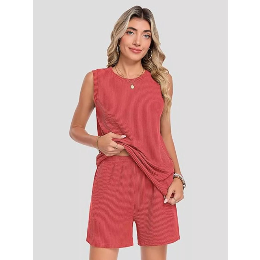 Casual Ribbed Knit Sleeveless Top and Shorts Set Apparel and Accessories