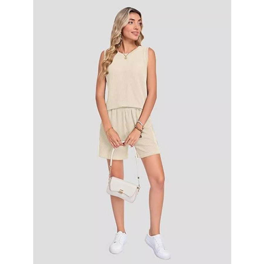 Casual Ribbed Knit Sleeveless Top and Shorts Set Apparel and Accessories