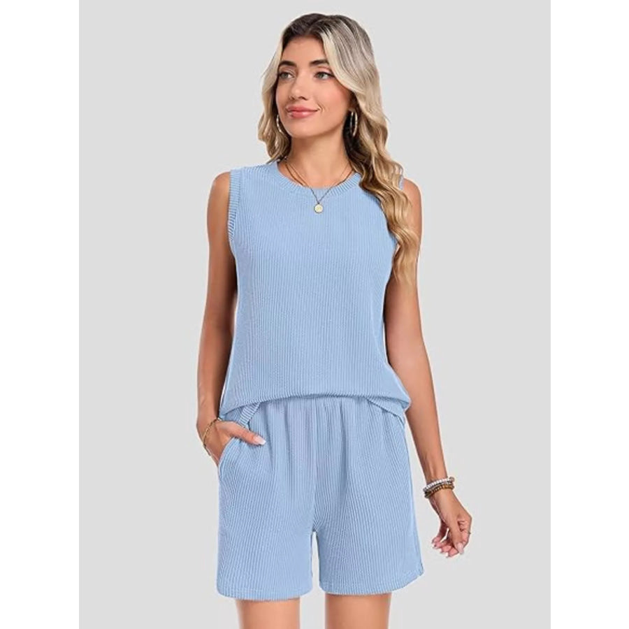 Casual Ribbed Knit Sleeveless Top and Shorts Set Apparel and Accessories
