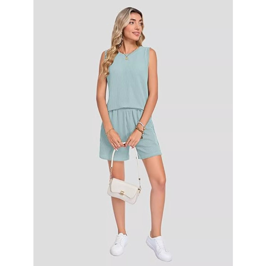 Casual Ribbed Knit Sleeveless Top and Shorts Set Apparel and Accessories