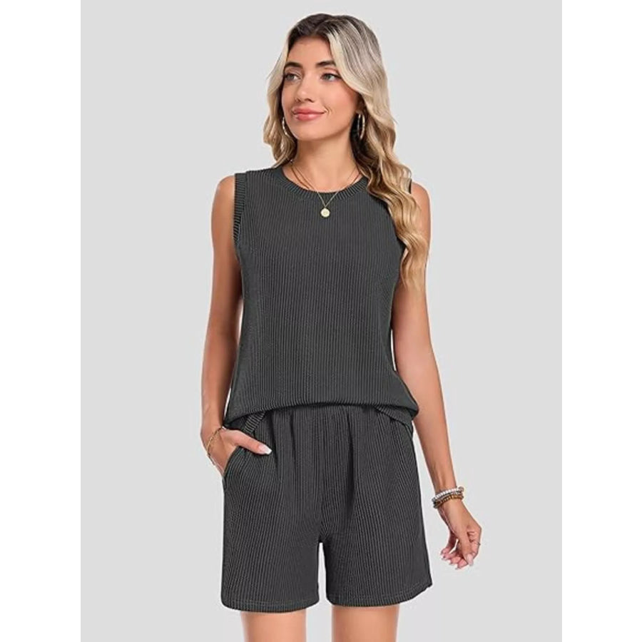 Casual Ribbed Knit Sleeveless Top and Shorts Set Apparel and Accessories