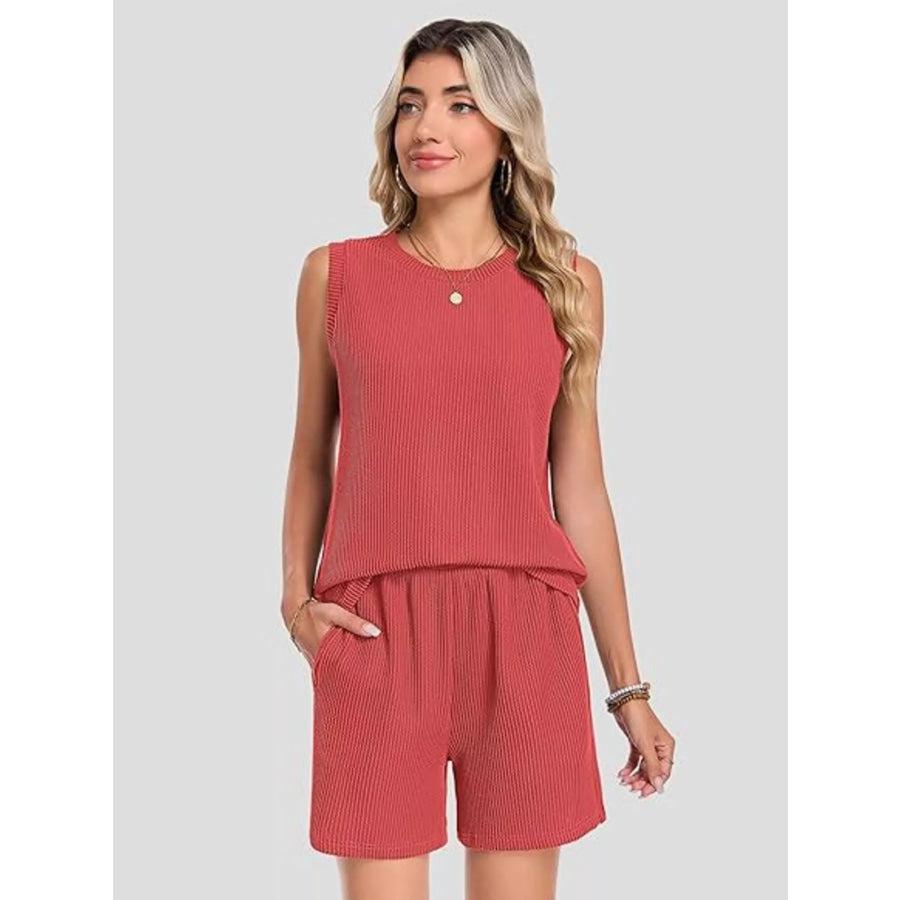 Casual Ribbed Knit Sleeveless Top and Shorts Set Apparel and Accessories