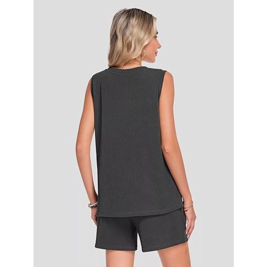 Casual Ribbed Knit Sleeveless Top and Shorts Set Apparel and Accessories