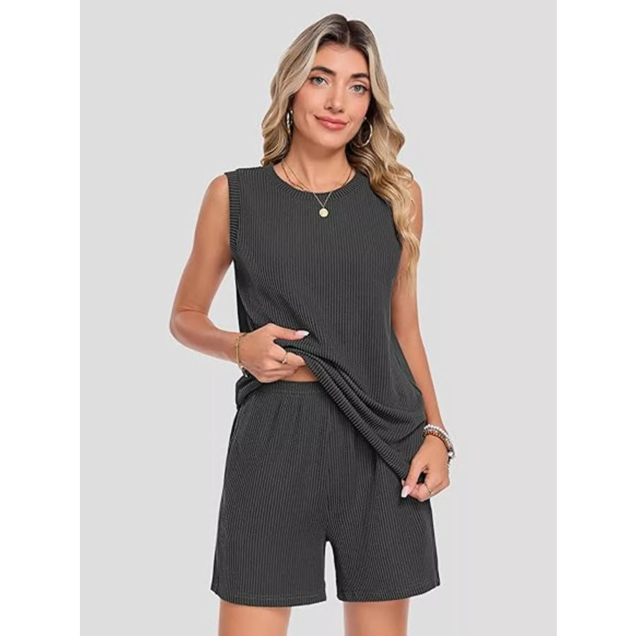 Casual Ribbed Knit Sleeveless Top and Shorts Set Apparel and Accessories