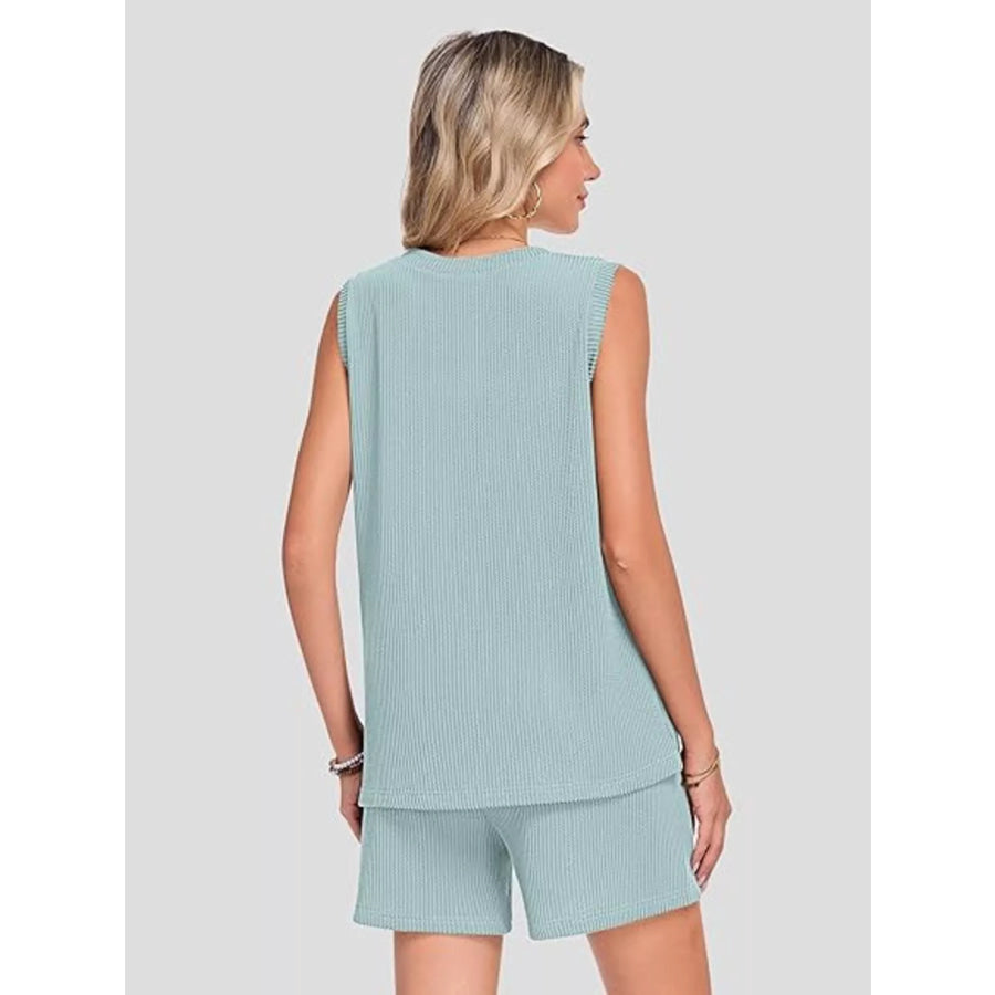 Casual Ribbed Knit Sleeveless Top and Shorts Set Apparel and Accessories