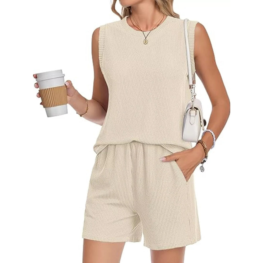 Casual Ribbed Knit Sleeveless Top and Shorts Set Apricot / S Apparel and Accessories
