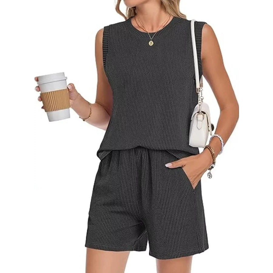 Casual Ribbed Knit Sleeveless Top and Shorts Set Black / S Apparel and Accessories