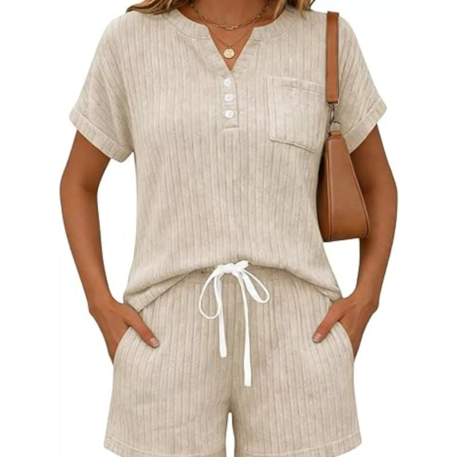 Casual Ribbed Knit Tee and Shorts Set Apparel and Accessories