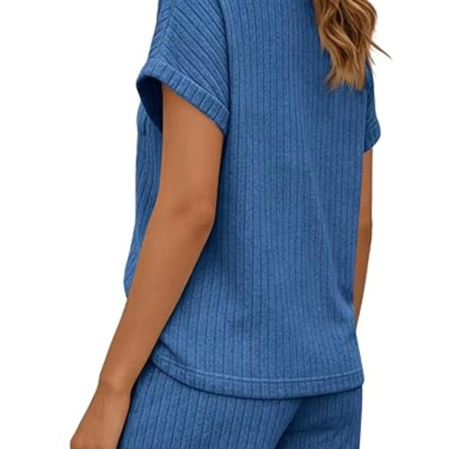 Casual Ribbed Knit Tee and Shorts Set Apparel and Accessories