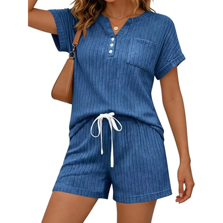 Casual Ribbed Knit Tee and Shorts Set Apparel and Accessories