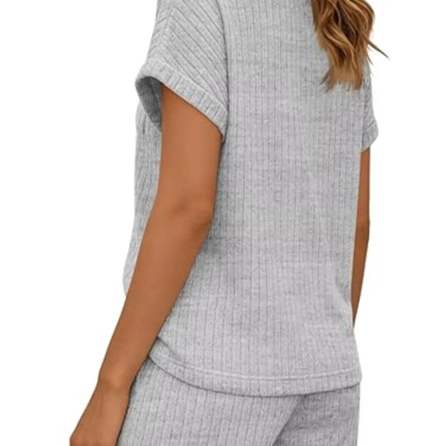 Casual Ribbed Knit Tee and Shorts Set Apparel and Accessories