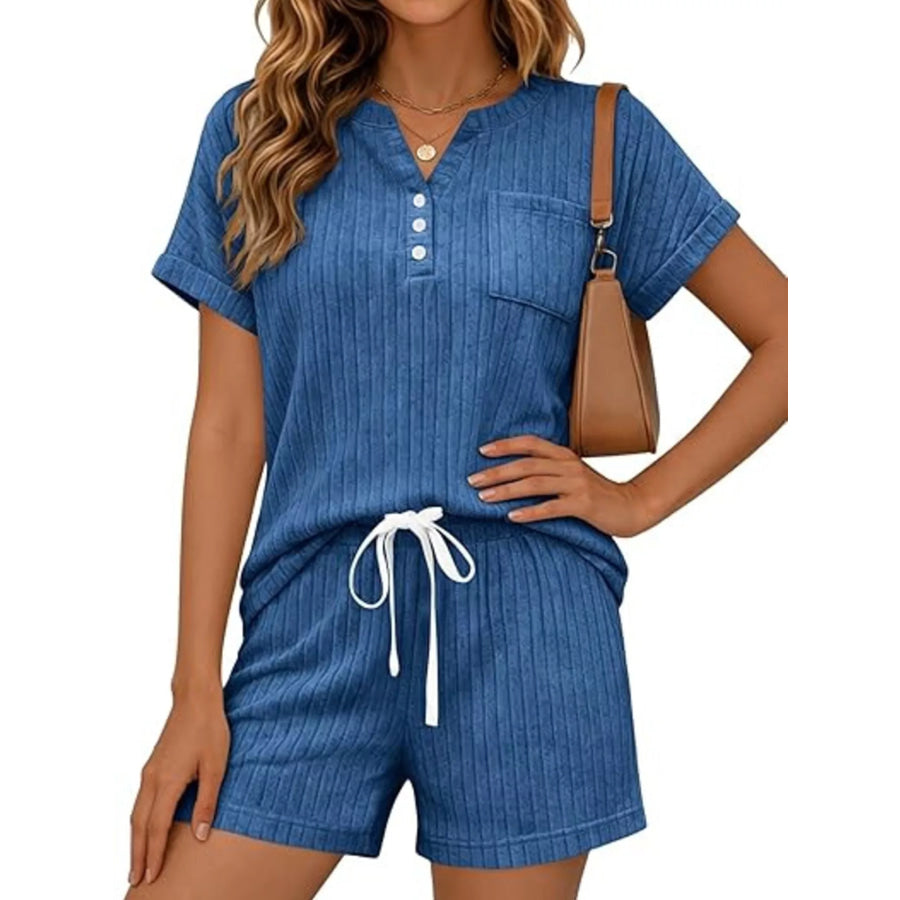 Casual Ribbed Knit Tee and Shorts Set Apparel and Accessories
