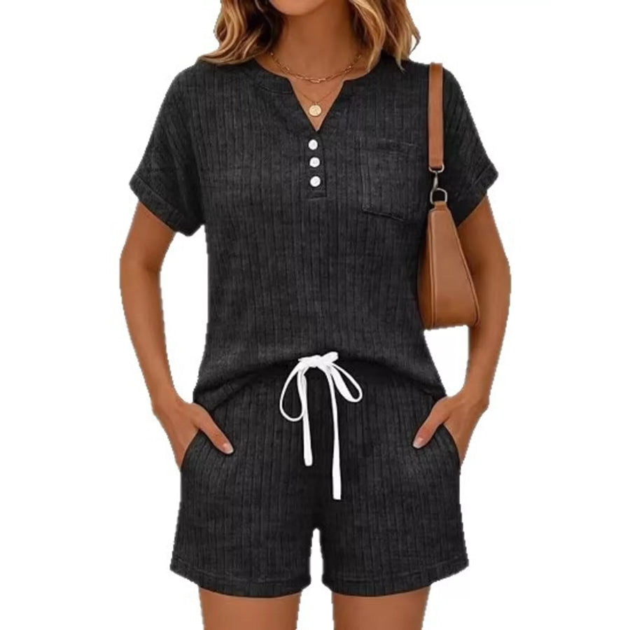 Casual Ribbed Knit Tee and Shorts Set Apparel and Accessories