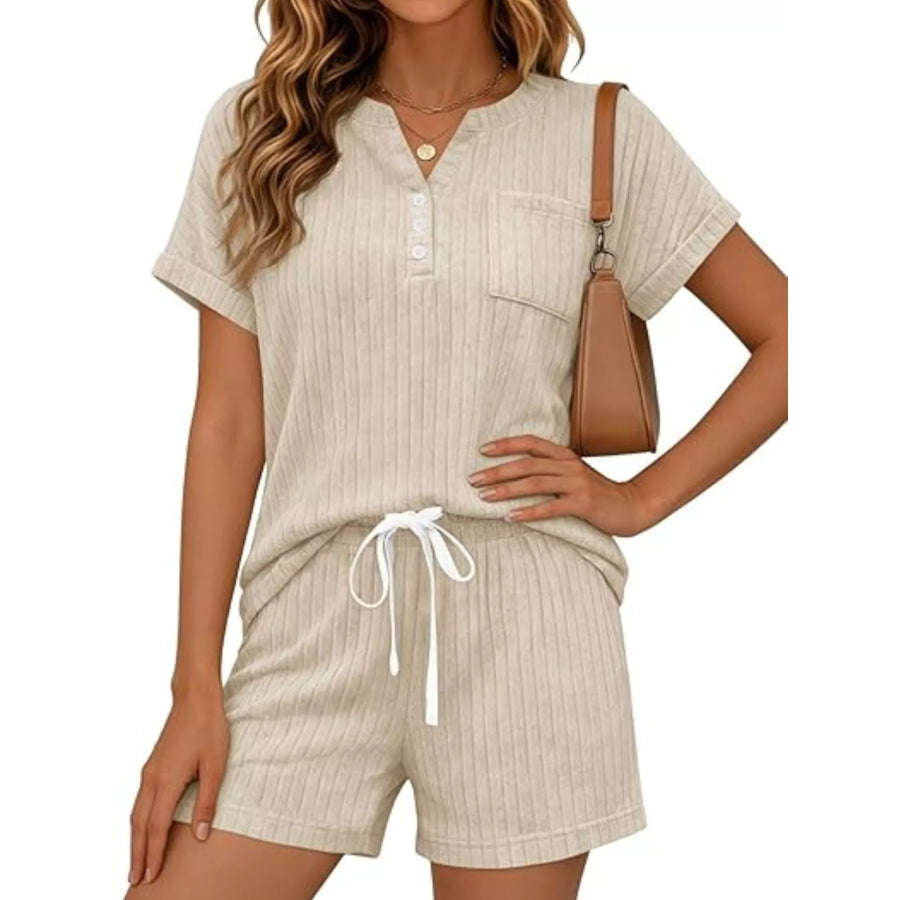 Casual Ribbed Knit Tee and Shorts Set Apparel and Accessories
