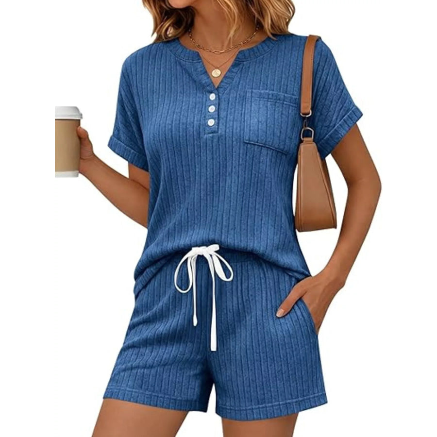 Casual Ribbed Knit Tee and Shorts Set Apparel and Accessories