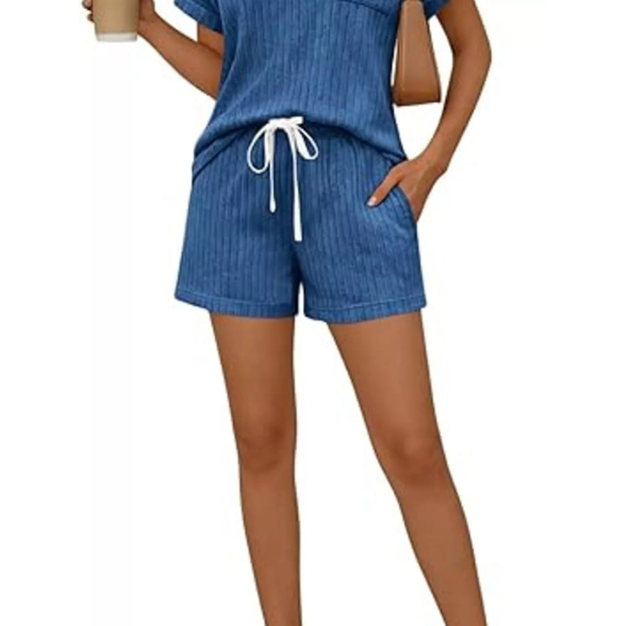 Casual Ribbed Knit Tee and Shorts Set Apparel and Accessories