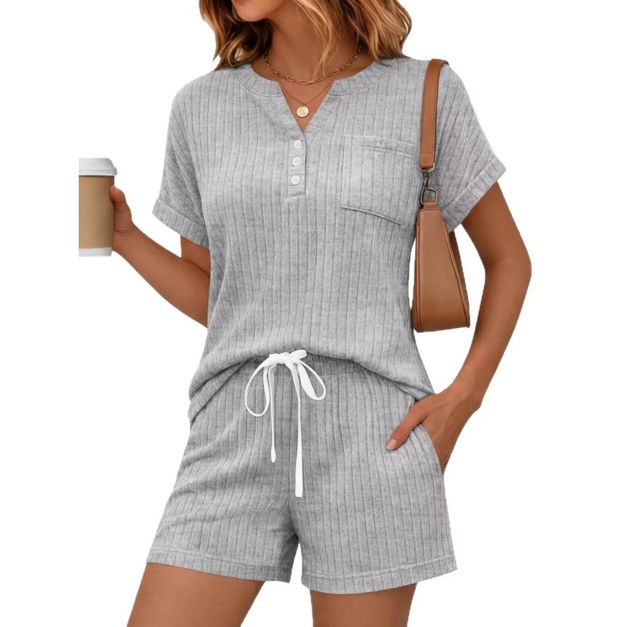 Casual Ribbed Knit Tee and Shorts Set Apparel and Accessories