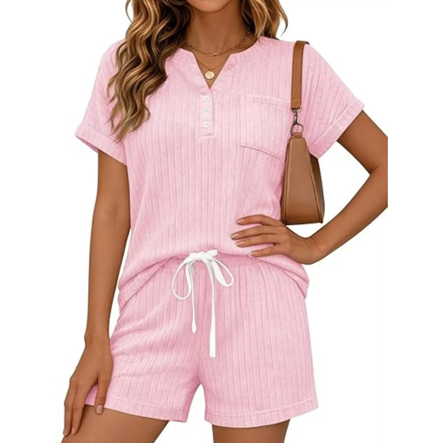 Casual Ribbed Knit Tee and Shorts Set Apparel and Accessories