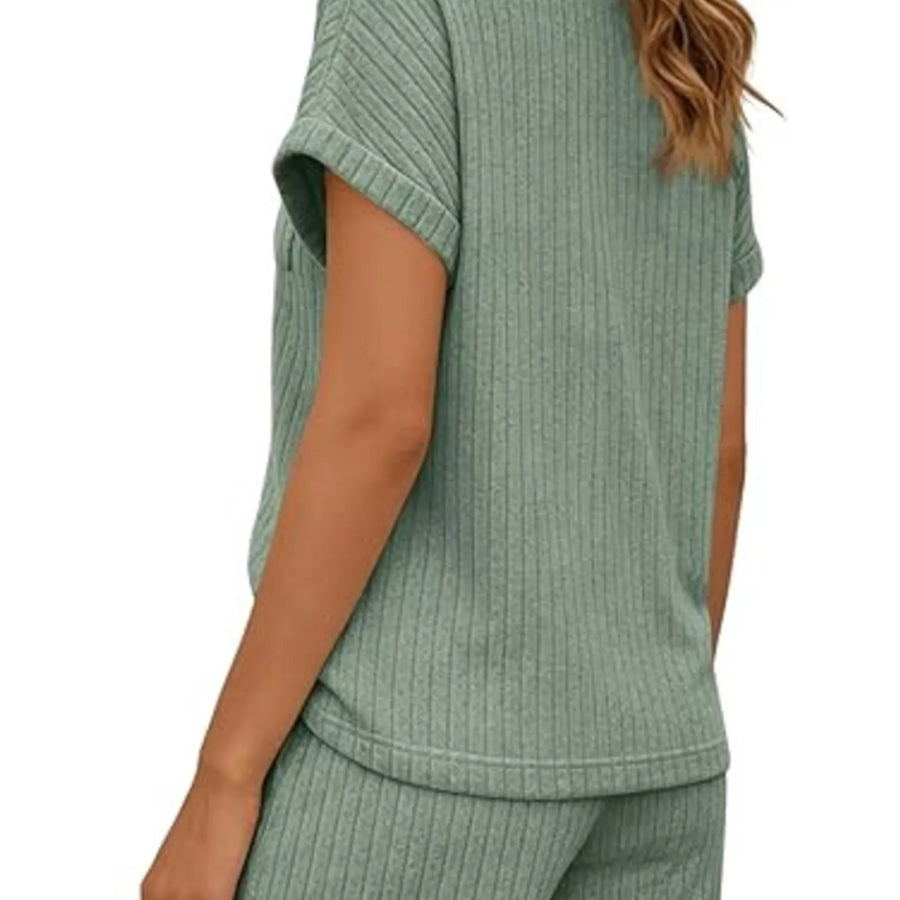 Casual Ribbed Knit Tee and Shorts Set Apparel and Accessories
