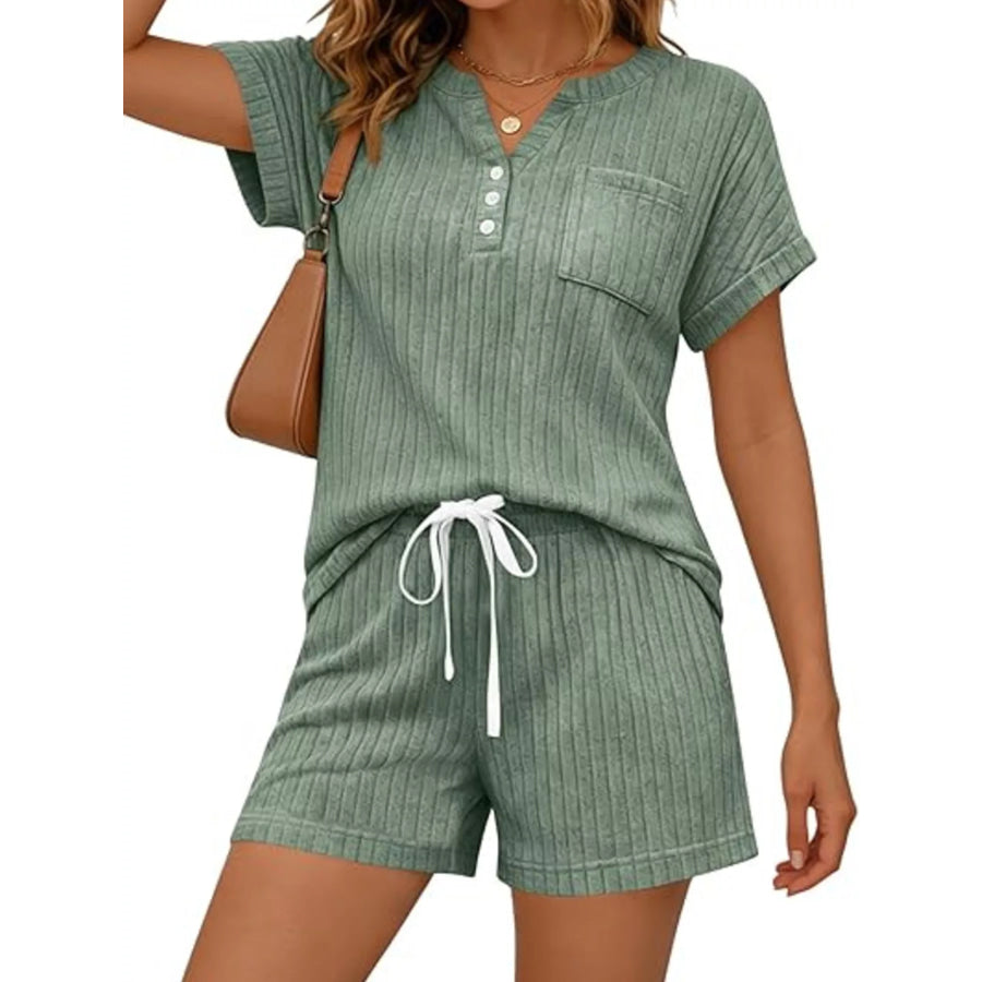 Casual Ribbed Knit Tee and Shorts Set Apparel and Accessories