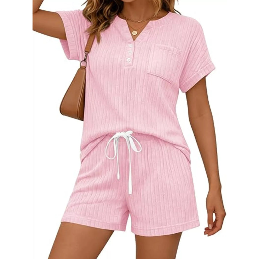 Casual Ribbed Knit Tee and Shorts Set Apparel and Accessories