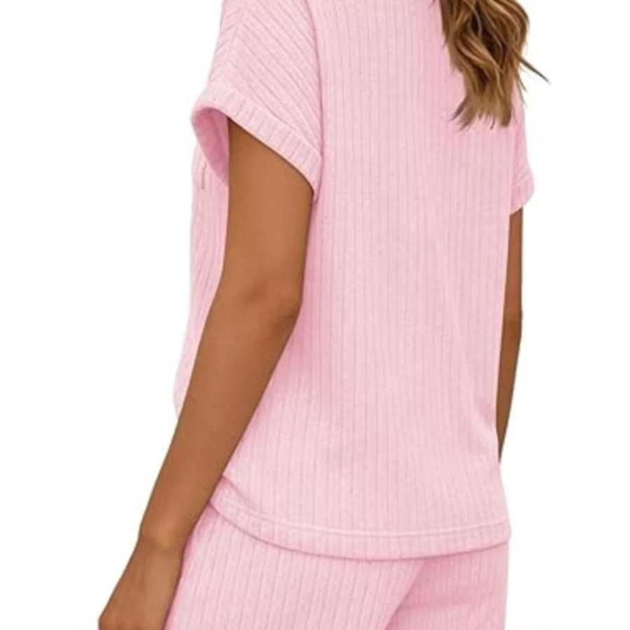 Casual Ribbed Knit Tee and Shorts Set Apparel and Accessories