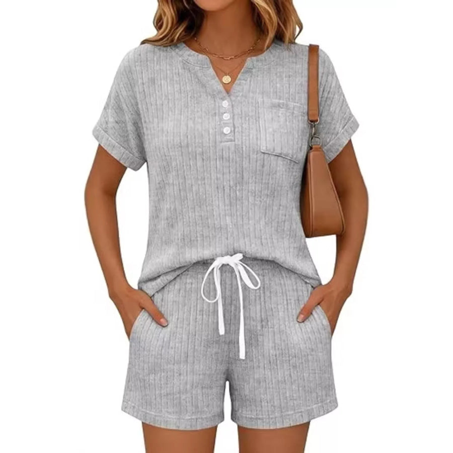 Casual Ribbed Knit Tee and Shorts Set Apparel and Accessories