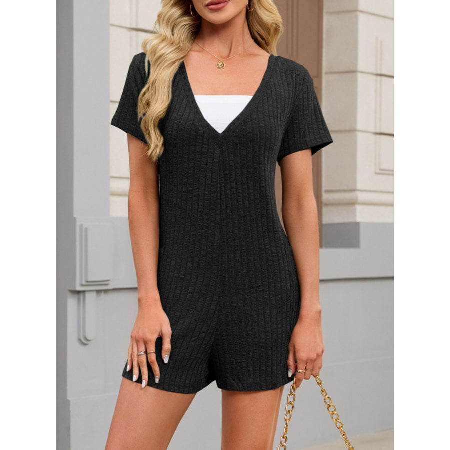 Casual Ribbed Knit V-Neck Romper Apparel and Accessories