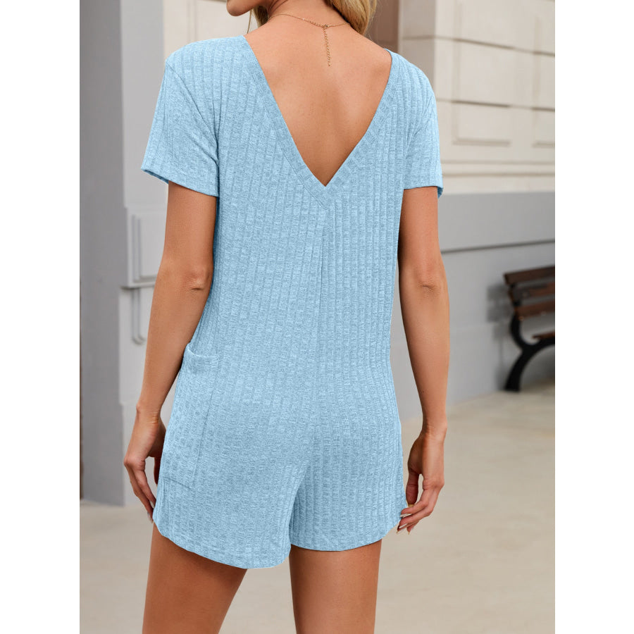 Casual Ribbed Knit V-Neck Romper Apparel and Accessories